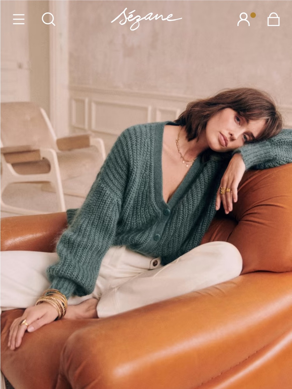 Sézane V-Neck Cardigan in Sauge Green - Picture 2 of 4